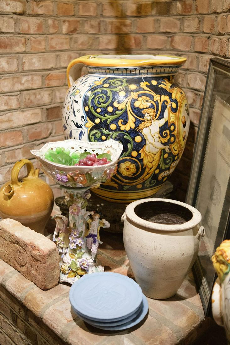 Assorted Lot to include- Qty. (2) large Italian: Assorted Lot to include- Qty. (2) large Italian majolica glaze urns, Qty. (1) glazed oil jar, Qty. (1) crock , Qty. (1) Capodimonte compote, Qty. (2) framed antique prints, Qty. (1) framed wine prints
