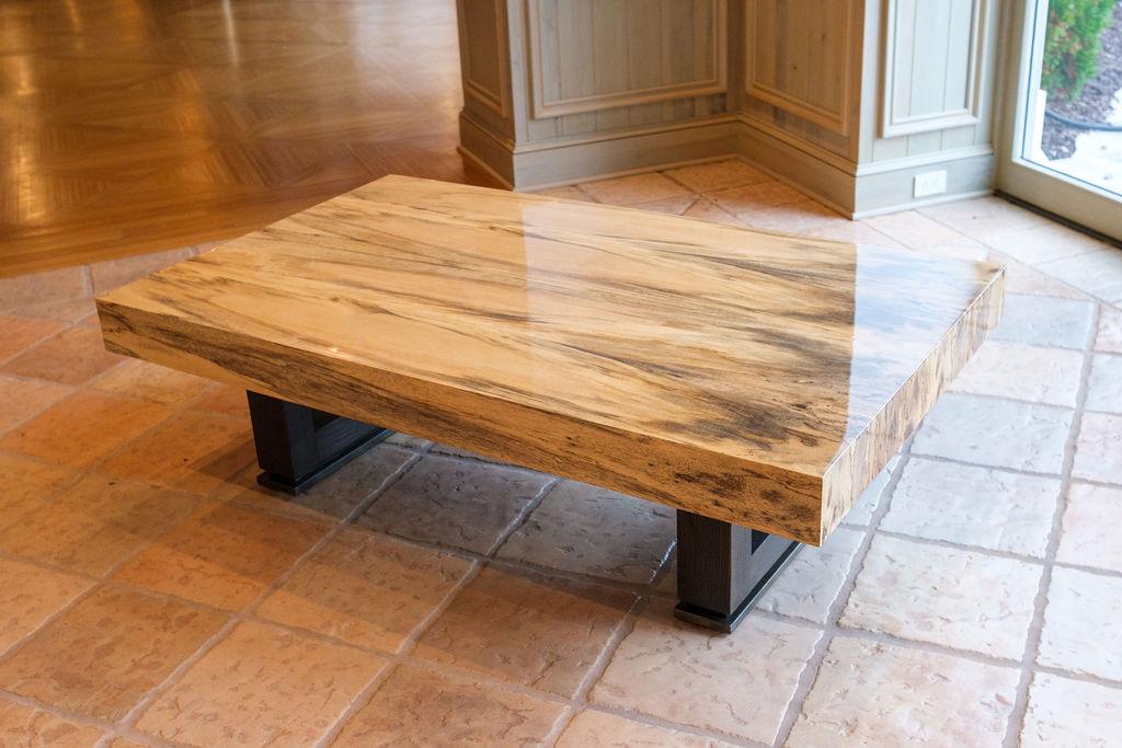 Coffee Table: Coffee Table, Spalted maple venerer top with black painted wood base, Approx. 17.5"Tall 60"W