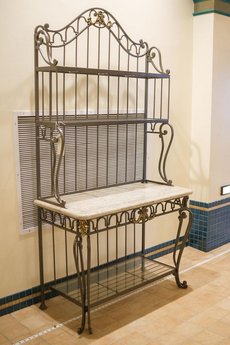 Iron Baker Rack With Pen Shell Top And Glass Shelves