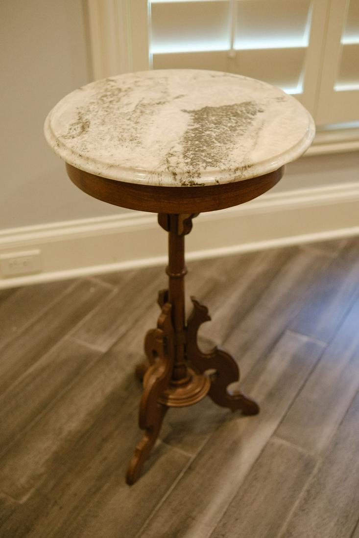 Victorian walnut candle stick table with a marbletop (1 of 3)
