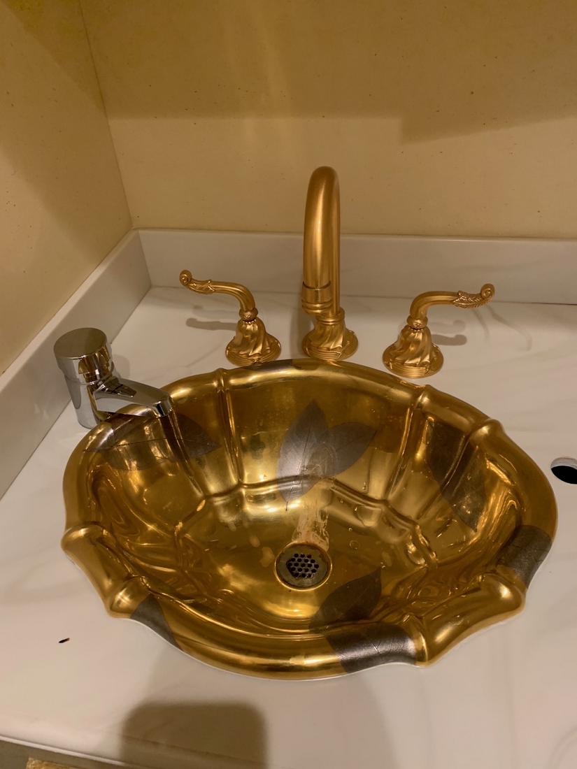 Sherle Wagner oval gold sink w/silver leaves with: Sherle Wagner oval gold sink w/silver leaves with matching faucets and instant hot water dispenser