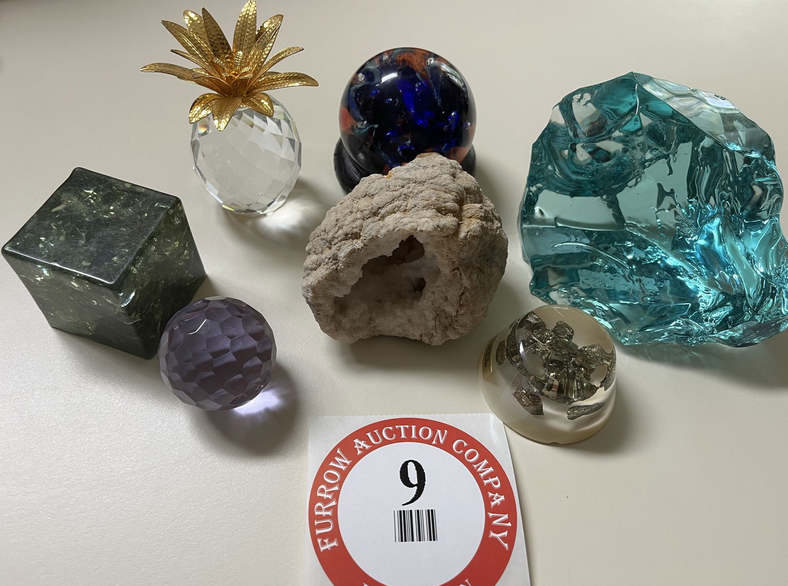 Glass Paperweights, 1 Epoxy Paperweight, 1 Fools Gold Paperweight (made in Colorado): (4) Glass Paperweights, 1 Epoxy Paperweight, 1 Fools Gold Paperweight (made in Colorado)