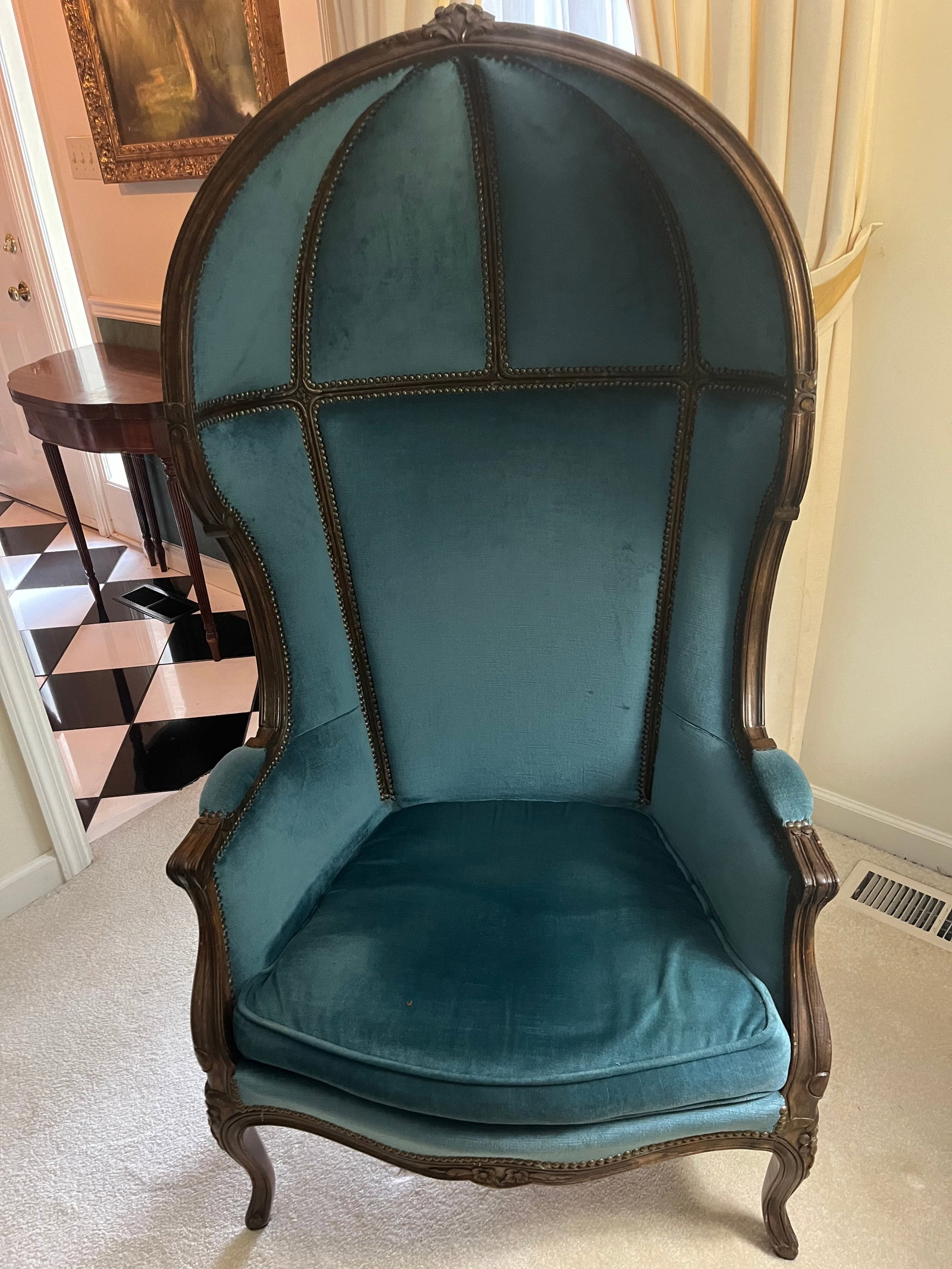 (1) Tufted Blue Velvet Wooden Balloon Chair, 30" w x 58" h x 21" d each: (1) Tufted Blue Velvet Wooden Balloon Chair, 30" w x 58" h x 21" d