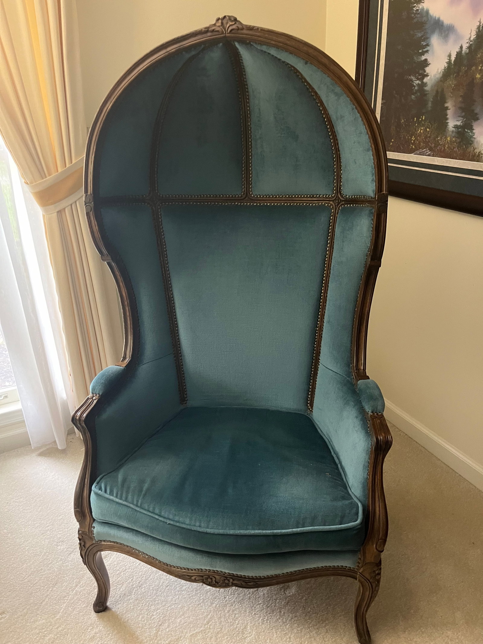 (1) Tufted Blue Velvet Wooden Balloon Chair, 30" w x 58" h x 21" d each: (1) Tufted Blue Velvet Wooden Balloon Chair, 30" w x 58" h x 21" d
