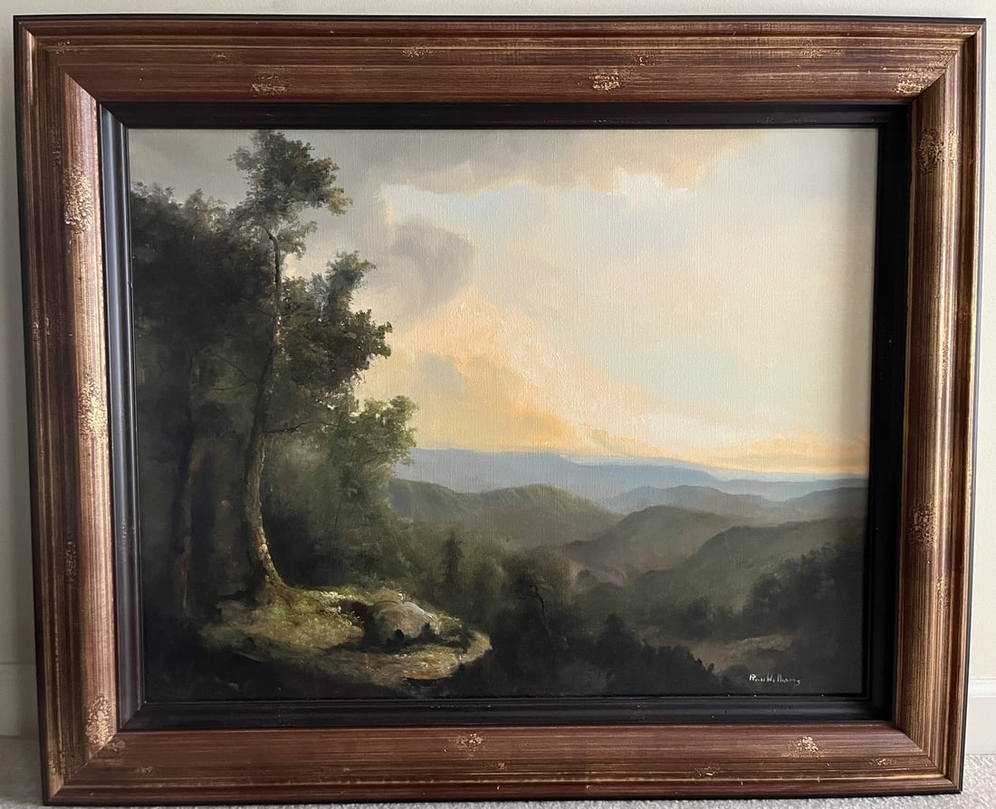 Framed Original Oil on Canvas by Ron Williams, Summer Sunset Colors Mountainscape from Hillside (1 of 2)