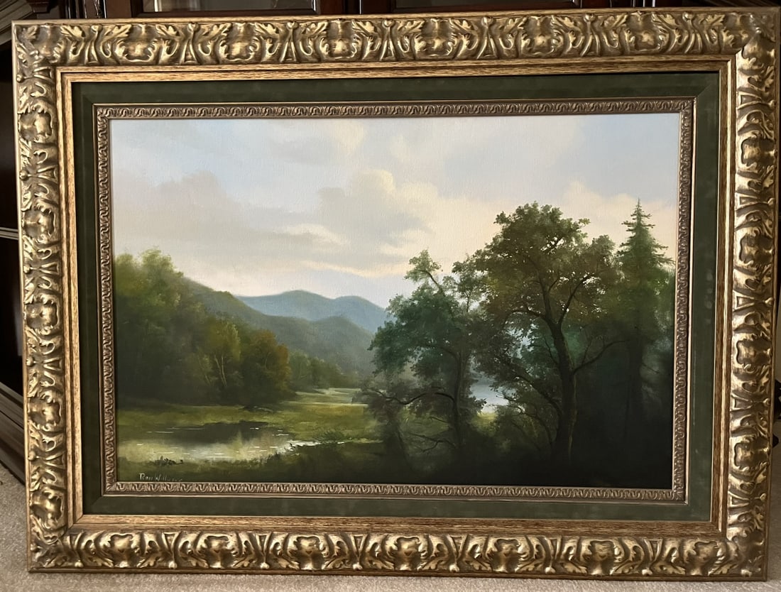 Framed Original Oil on Canvas by Ron Williams, Early Fall Still Valley Pond with Mountainscape (1 of 1)