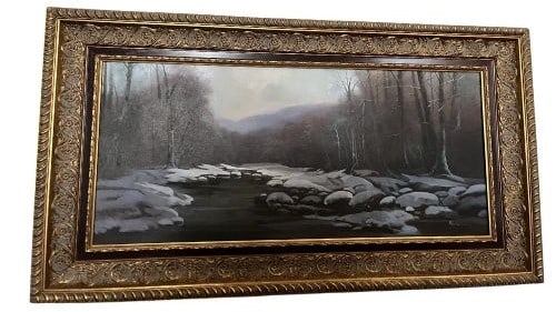 Framed Original Oil on Canvas by Ron Williams, Wooded Winter River with Snow (1 of 2)