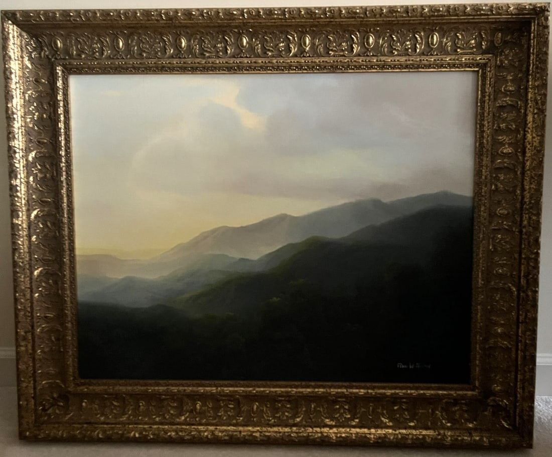 Framed Original Oil on Canvas by Ron Williams, Misty Summer Mountainscape (1 of 2)