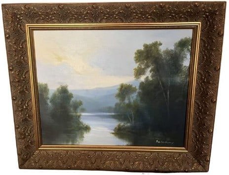 Framed Original Oil on Canvas by Ron Williams, Summer Wooded Valley Lake with Mountainscape (1 of 2)