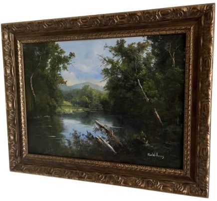 Framed Original Ron Williams Painting on Canvas, Lake Scene with Mountains in Background (1 of 2)
