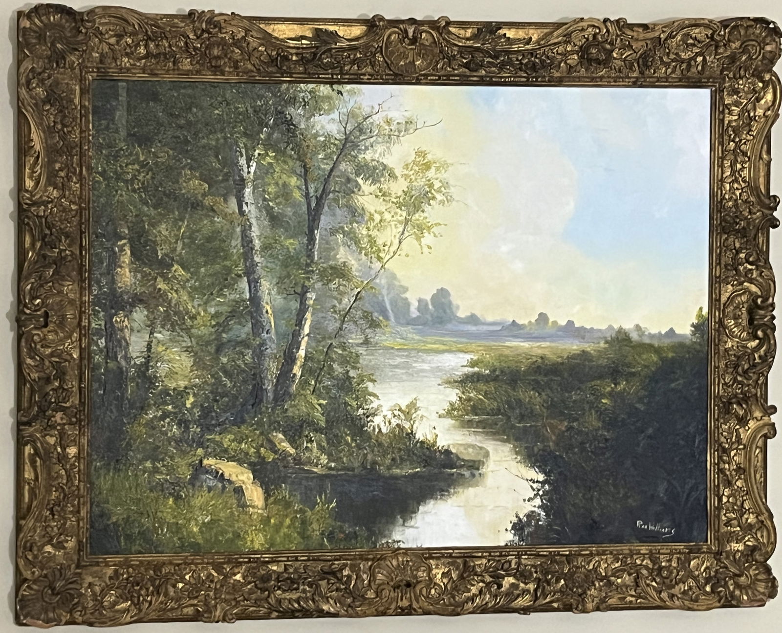 Framed Original Painting by Ron Williams on Canvas, Stream with Pasture in Background: Framed Original Painting by Ron Williams (Tennessee, 1947-2016) on Canvas, Stream with Pasture in Background, Singed in lower right, 48.5" x 38"