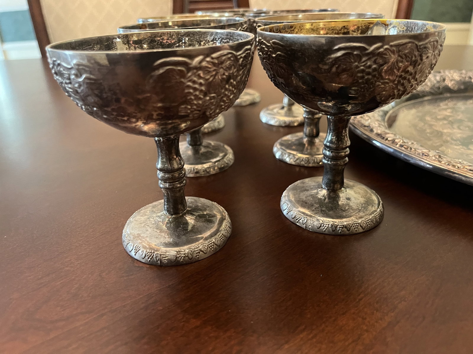 Silver Plate Serving Tray, 16" Diameter, plus 8 Silver Plate Wine Glasses: Silver Plate Serving Tray, 16" Diameter, plus 8 Silver Plate Wine Glasses