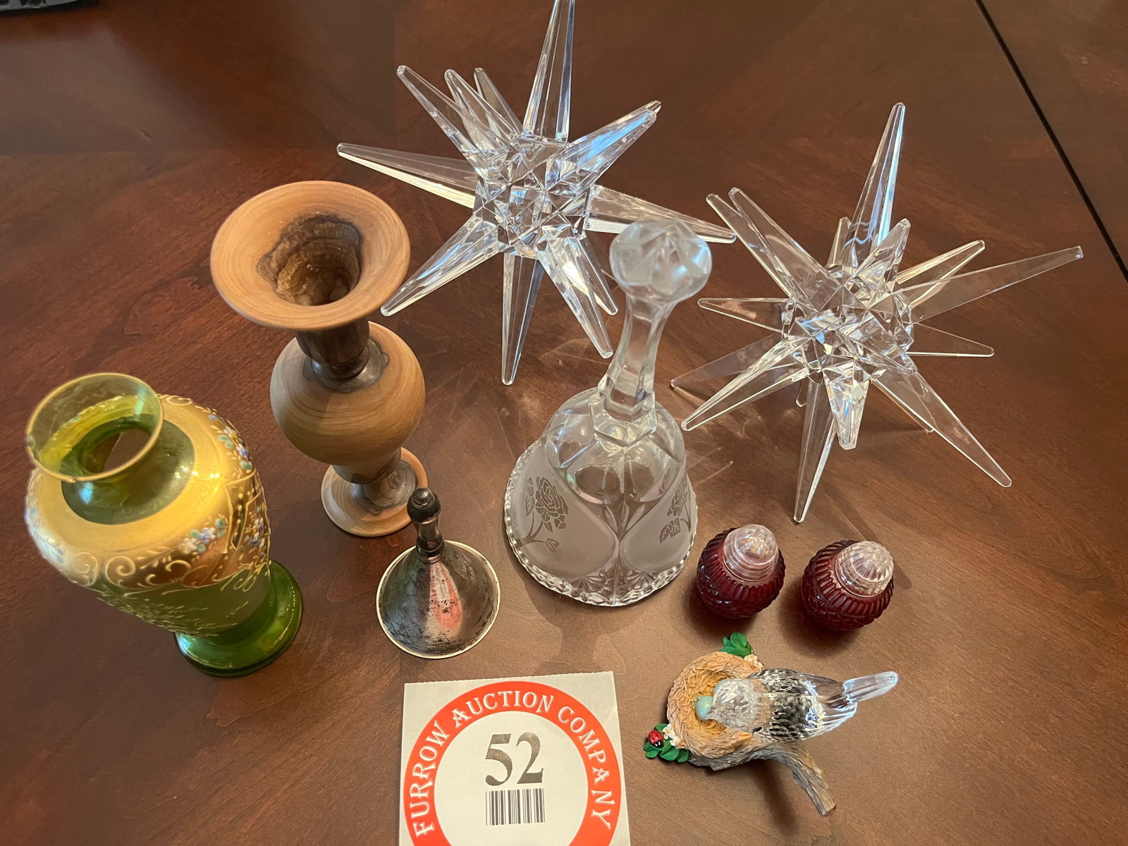 One Cystal Bell, One Silver Plate Metal Bell, One Art Glass Bird Figurine, Glass Salt & Pepper: One Cystal Bell, One Silver Plate Metal Bell, One Art Glass Bird Figurine, Glass Salt & Pepper Shakers, etc.