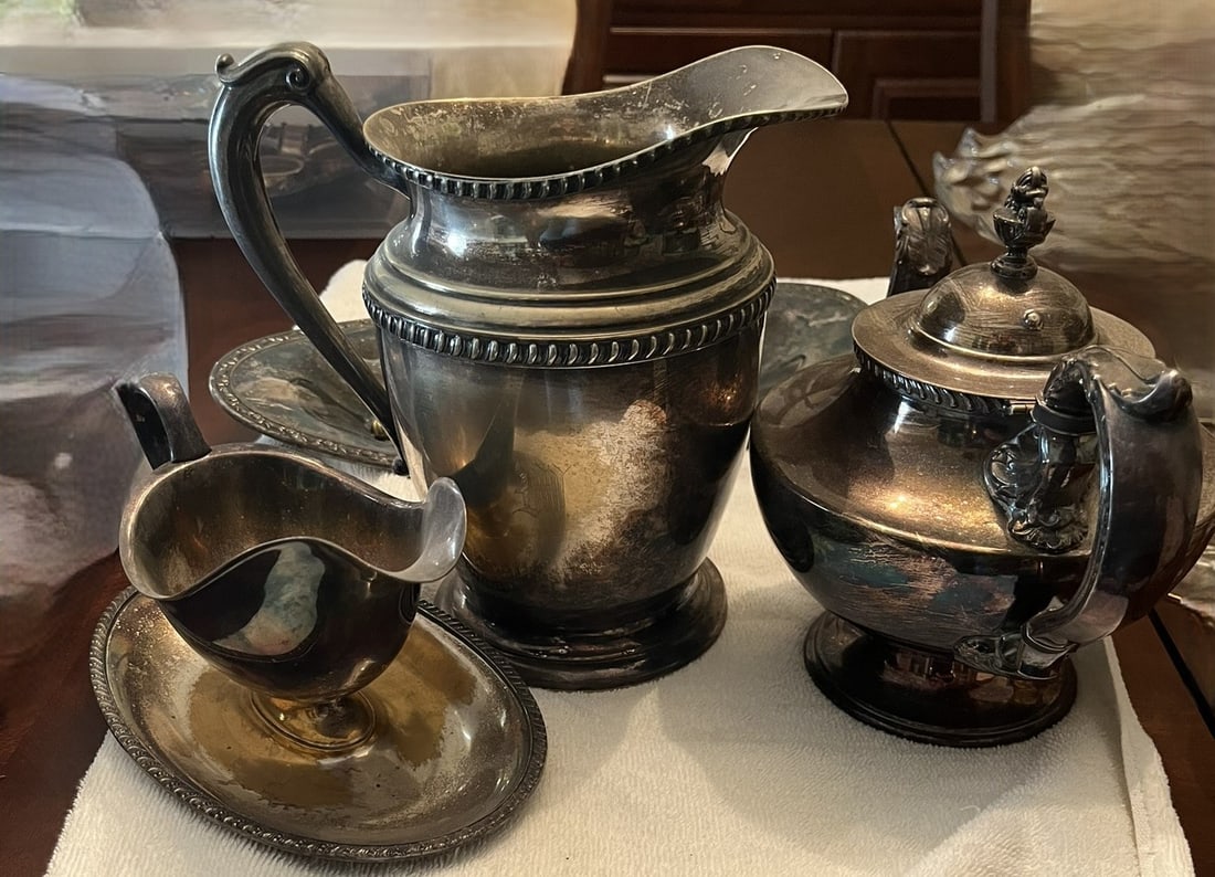 Collection of Silver Plate Serving Pieces, Pitcher, Gravy Boat, Tea Kettle, Serving Tray, etc., 10 (1 of 1)