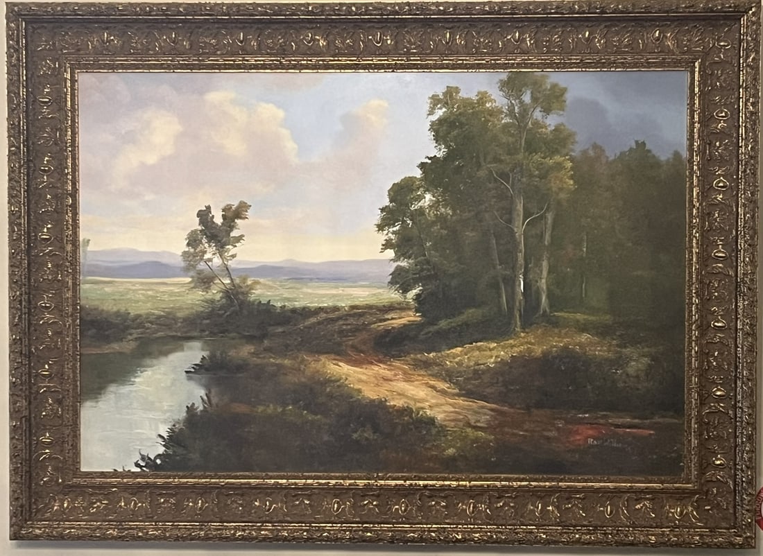 Framed Original Painting by Ron Williams on Canvas, Early Fall Pond and Path Besides Woods with (1 of 2)