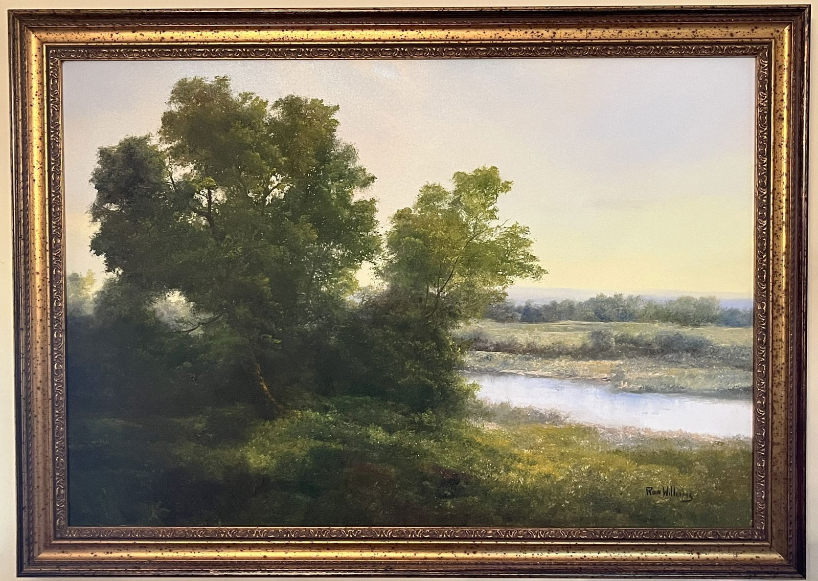 Framed Original Painting by Ron Williams on Canvas, Tree Line Summer River with Pasture (1 of 2)