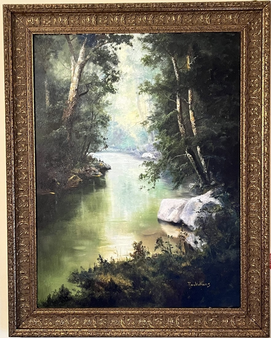Framed Original Painting by Ron Williams on Canvas, River Winding Through Woods (1 of 2)