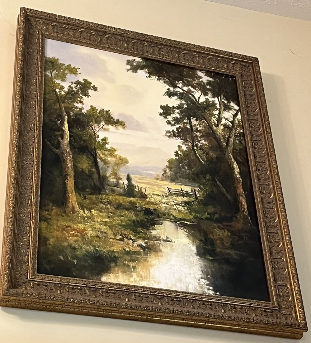 Framed Original Oil on Canvas by Ron Williams, Mountain Pond & Pasture with Trees in Foreground (1 of 1)
