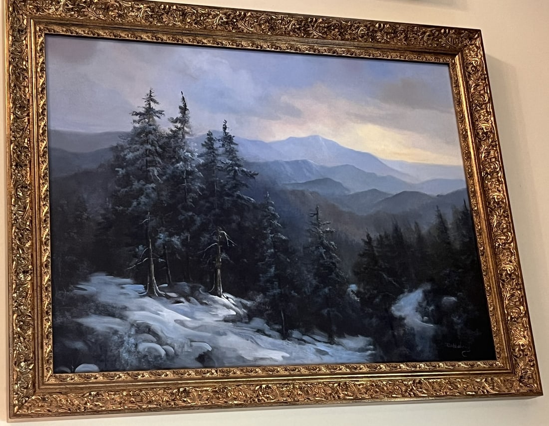Framed Original Oil on Canvas by Ron Williams, Snowy Winter Mountainscape with Spruce in Foreground (1 of 1)