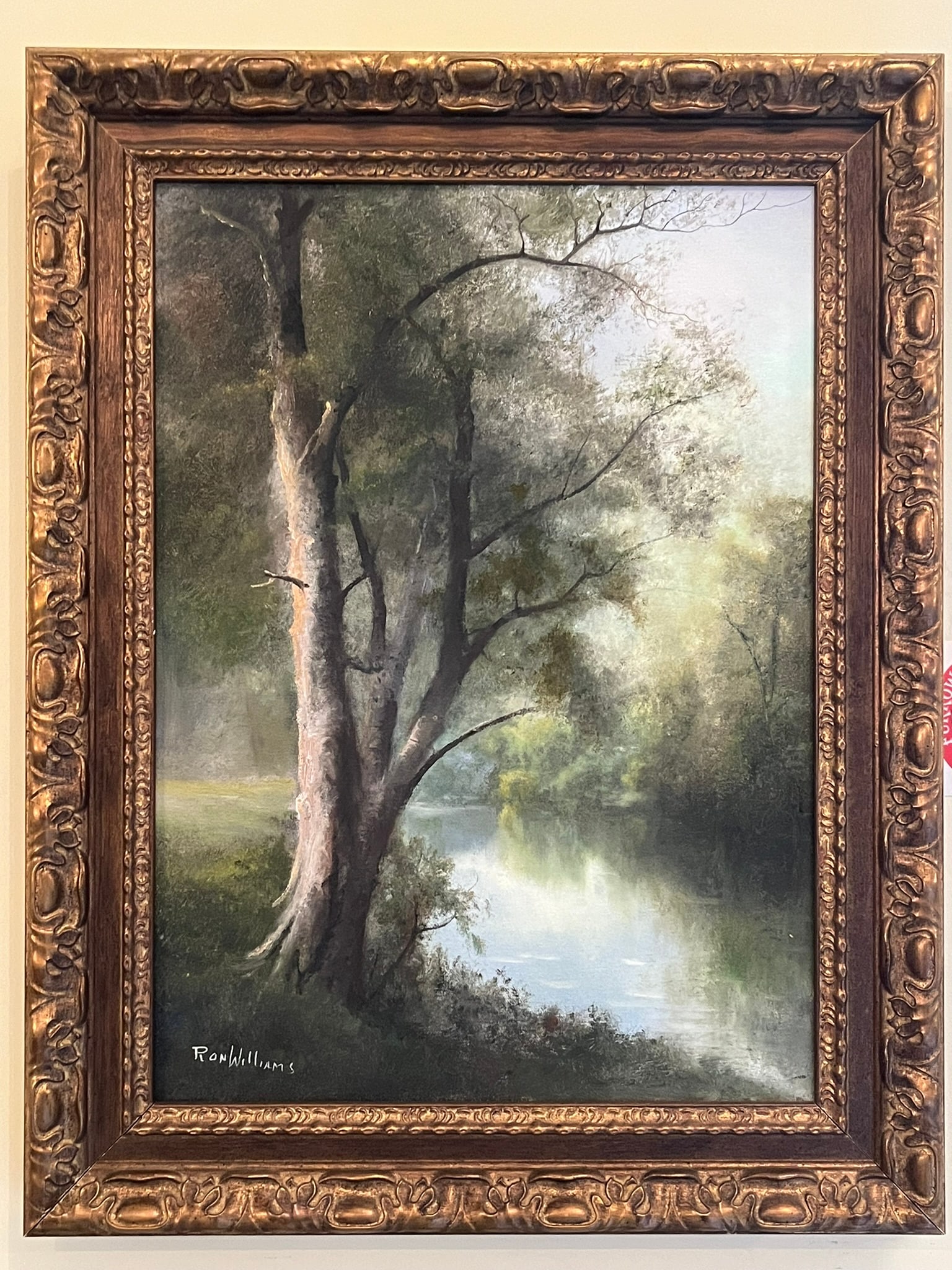 Framed Original Oil on Canvas by Ron Williams, Still Summer River beside Tree and Woods (1 of 3)