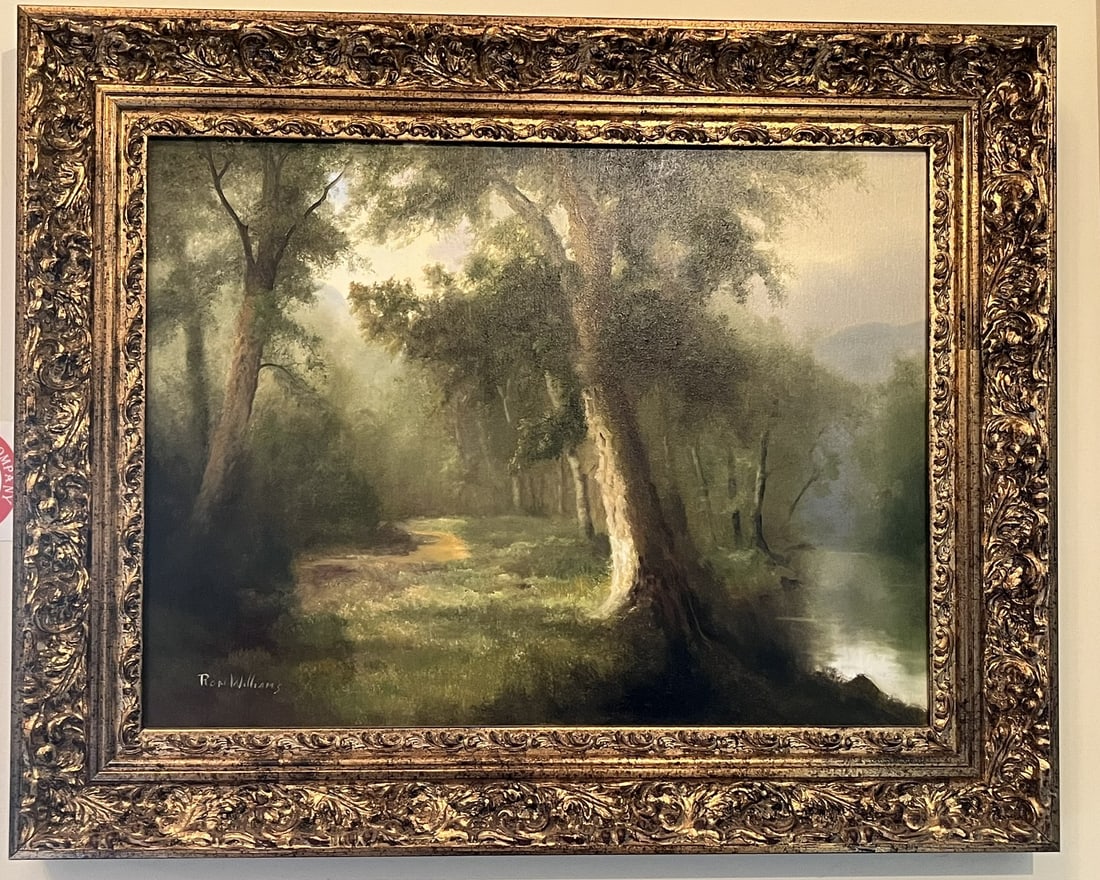 Framed Original Oil on Canvas by Ron Williams, Summer Forest Path besides Still River (1 of 3)