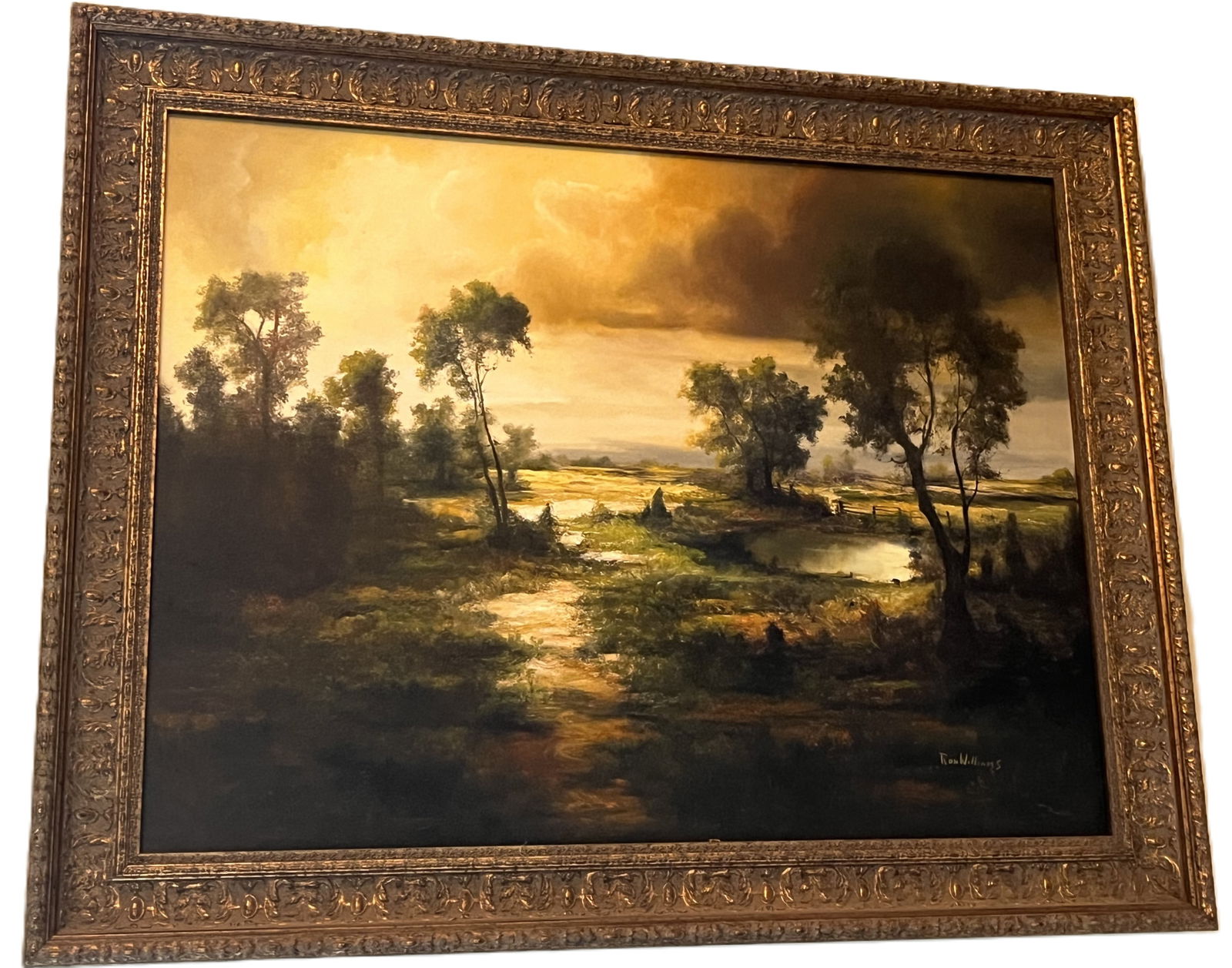 Framed Original Oil on Canvas by Ron Williams, Golden Cloudy Summer Sunset Colors over Trees (1 of 2)