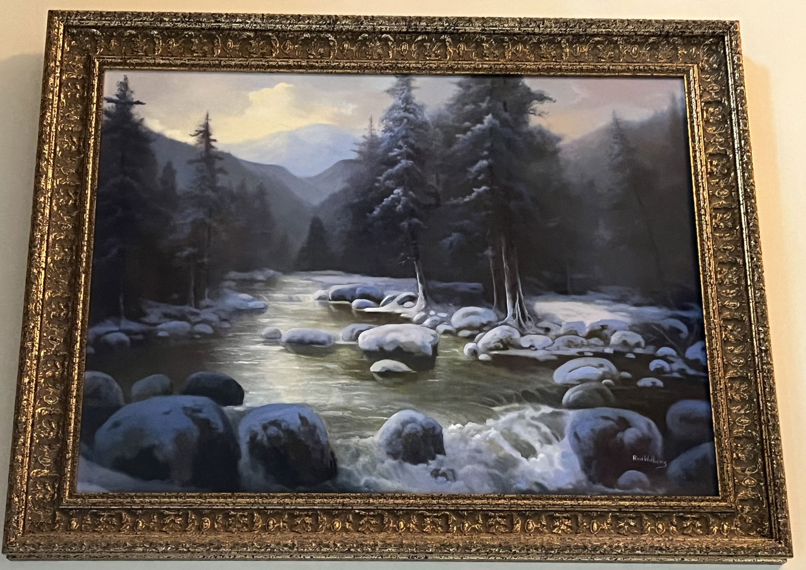 Framed Original Oil on Canvas by Ron Williams, Snowy Winter Forested River Rolling Over Rocks (1 of 2)