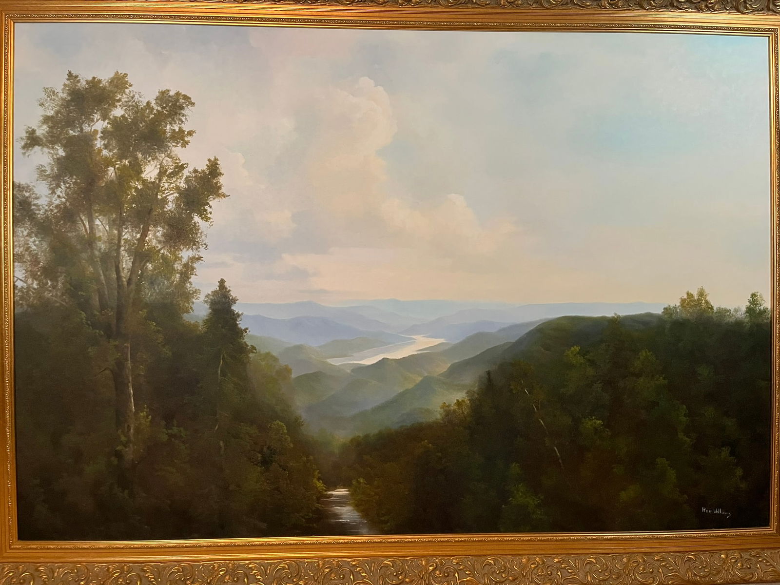 Framed Original Oil on Canvas by Ron Williams, Summer Valley Lake with Mountainscape from Hillside (1 of 2)