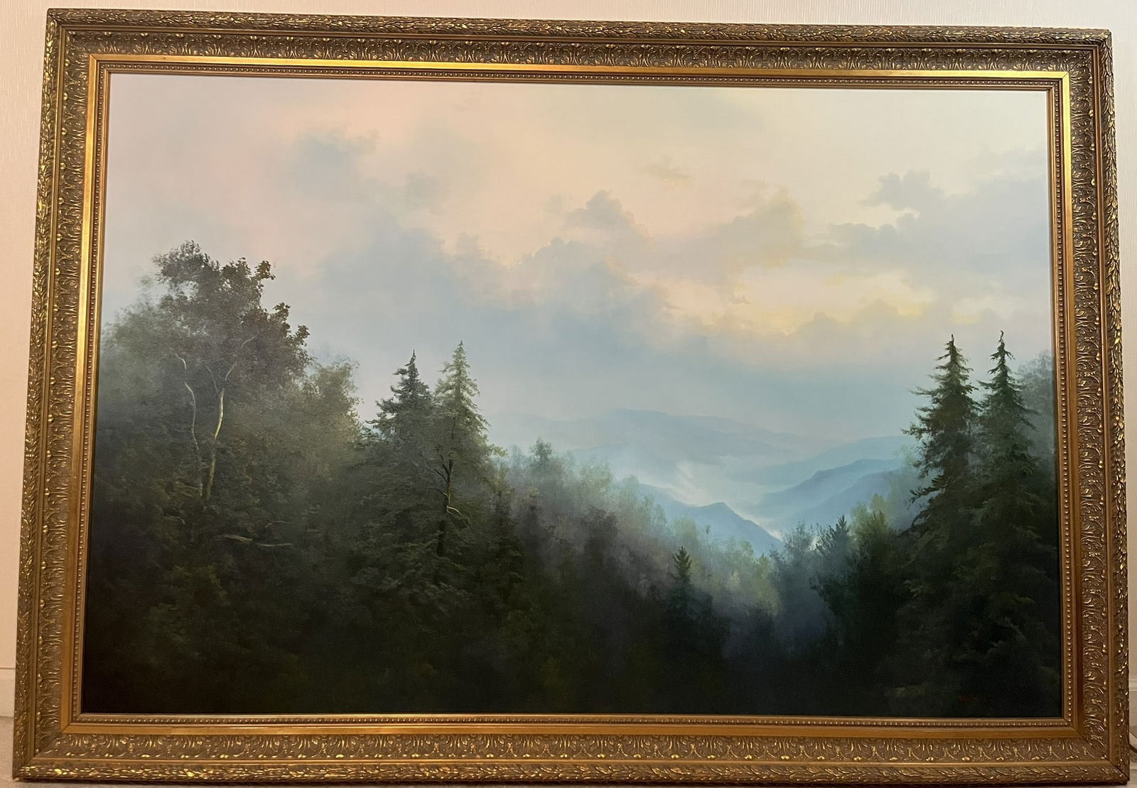 Framed Original Oil on Canvas by Ron Williams, Misty Summer Sunset Skies Over Mountainscape from (1 of 3)