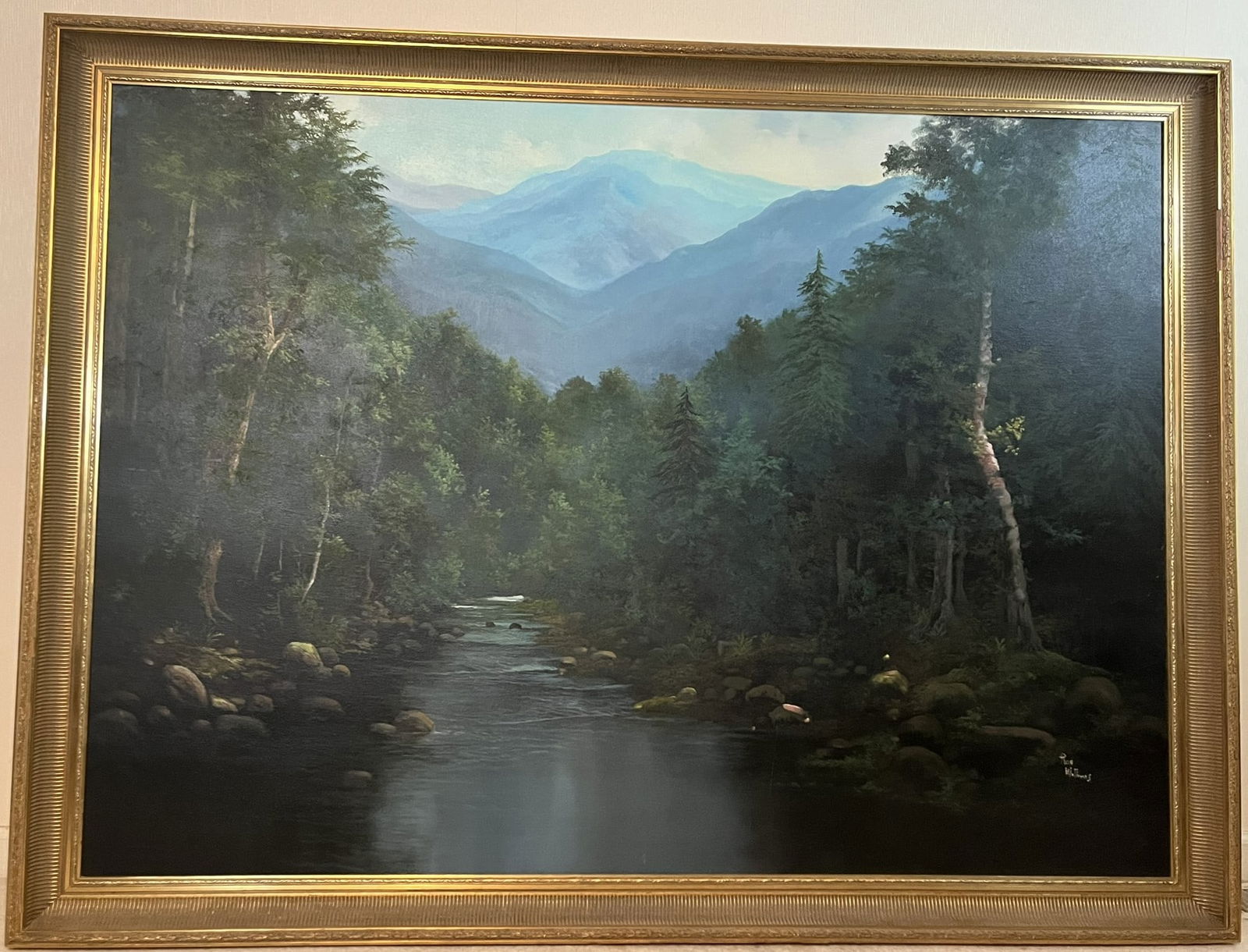 Framed Original Oil on Canvas by Ron Williams, Summer Wooded Valley River with Mountains (1 of 3)