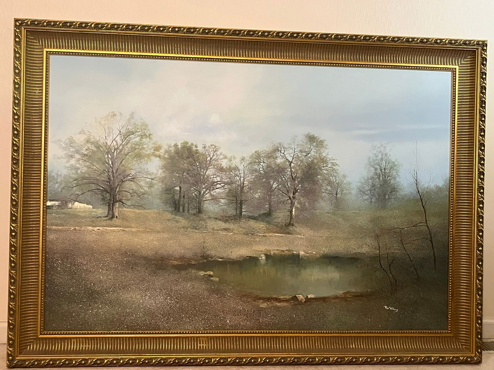 Framed Original Oil on Canvas by Ron Williams, Summer Misty Morning Reflections over Wooded Field (1 of 2)