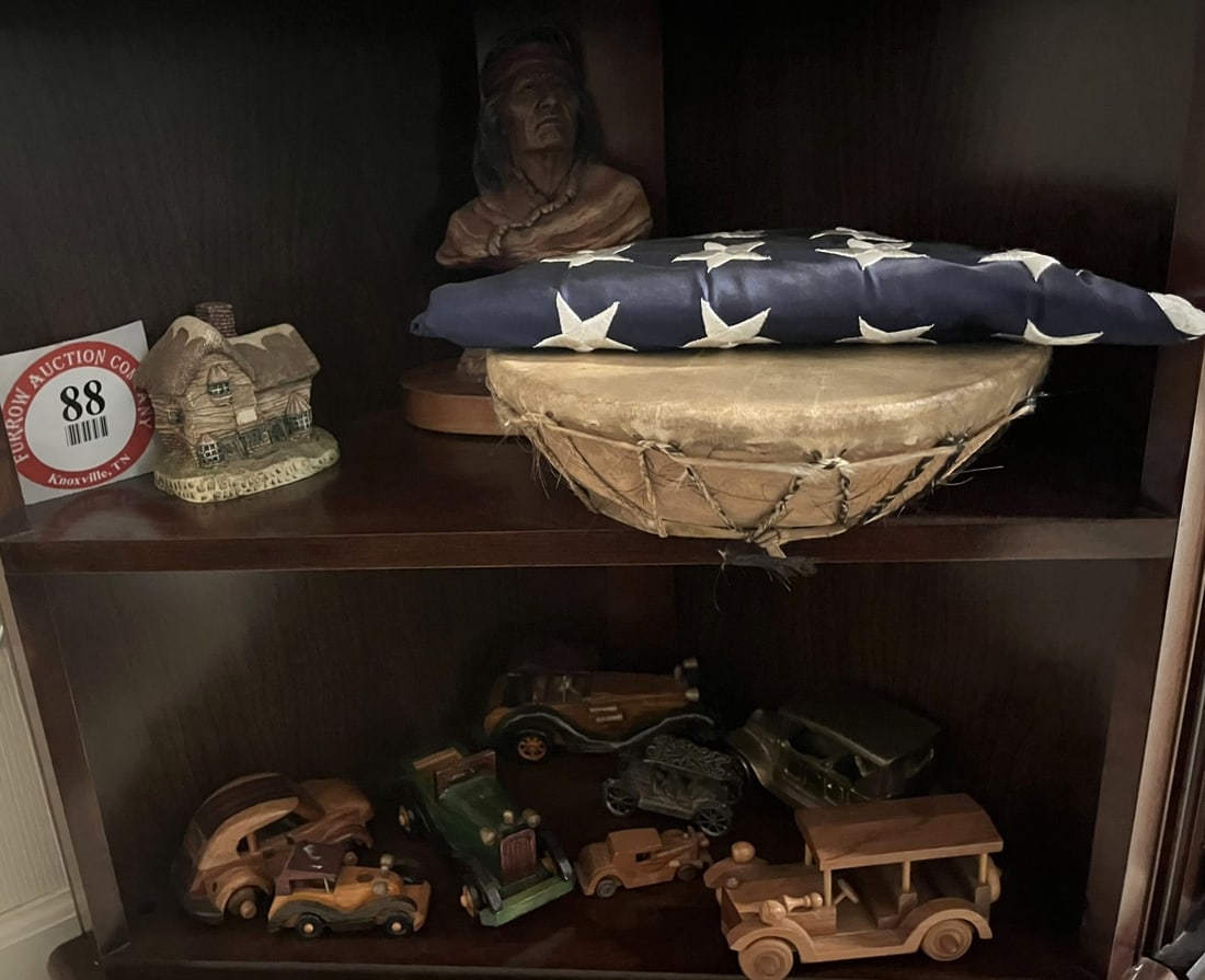 Contents of 2 Shelves, Decorative Miniature House, Assorted Wooden Cars/Trucks from Various (1 of 1)