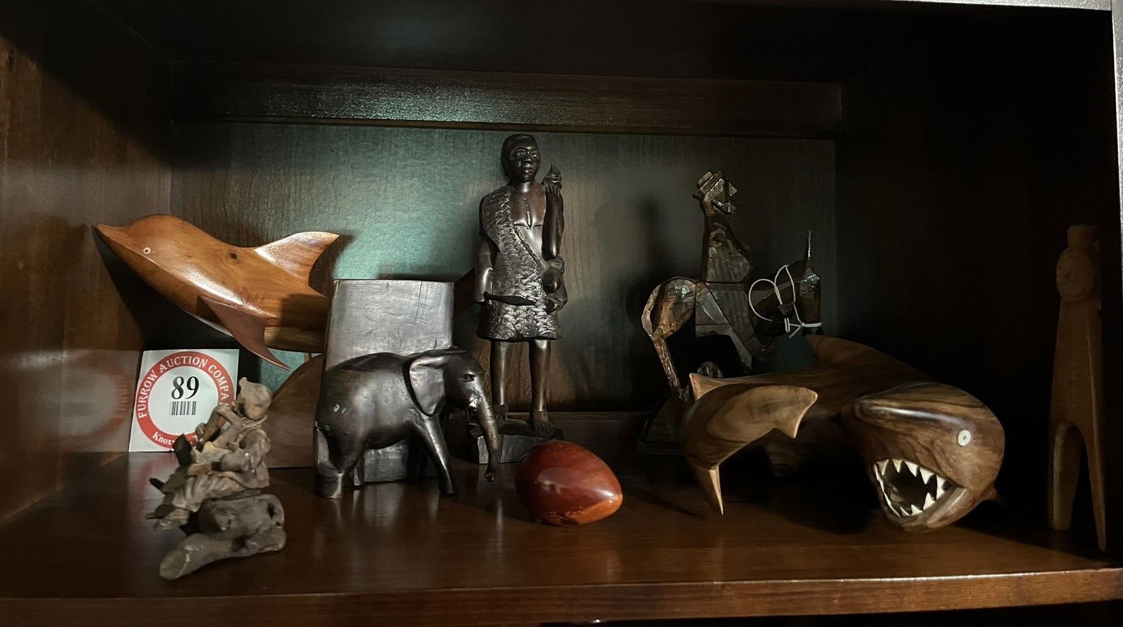 Contents of Shelf, Various Decorative Wooden Carvings/Figurines, Shark, Dolphin, Elephant, Egg, etc. (1 of 1)