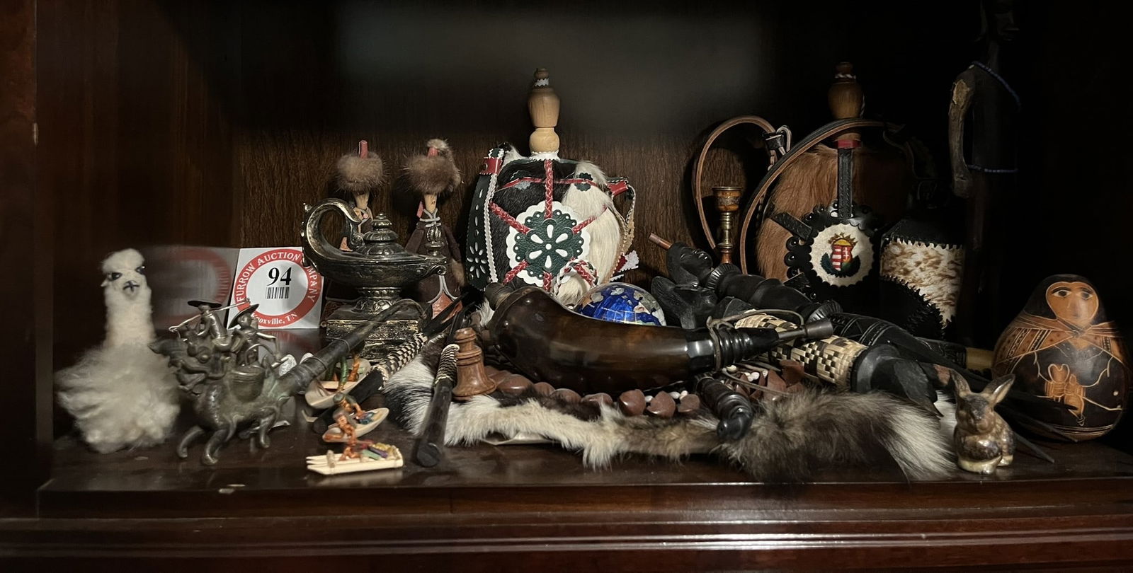 Contents of Shelf, Assorted Decorative Items from Various Countries, Flasks, Canteens, Pipes, etc.: Contents of Shelf, Assorted Decorative Items from Various Countries, Flasks, Canteens, Pipes, etc.