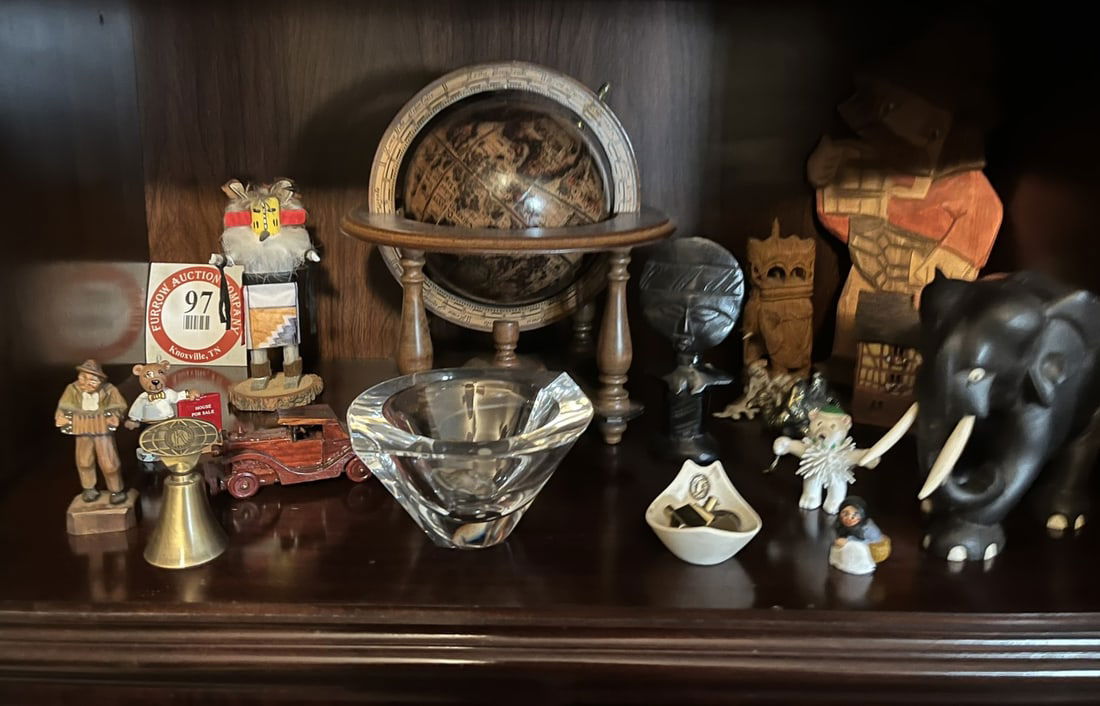 Contents of Shelf, Assorted Decorative Items from Various Countries, Wooden Globe (1 of 1)