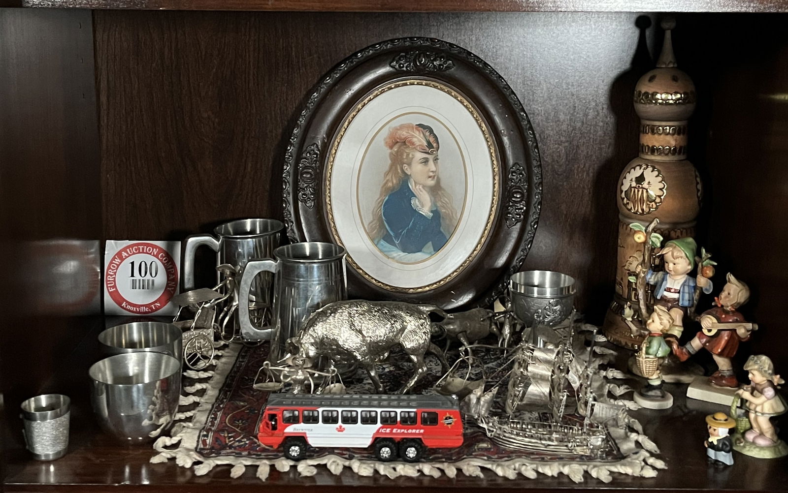 Contents of Shelf, Assorted Decorative Items, Metal Cups, Steins, German Figurines, Framed Art, etc. (1 of 1)