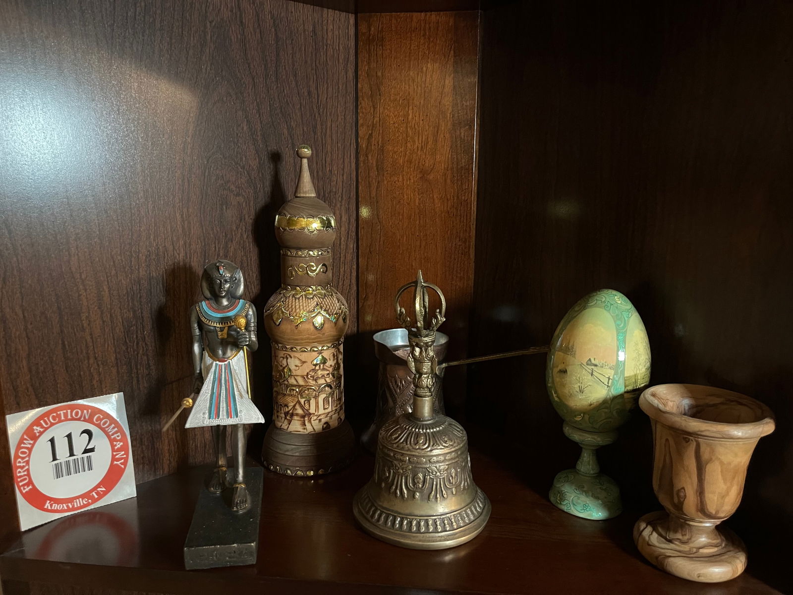 Contents of Shelf, 6 Decorative Items, Pencil Enameled Wooden Egg, Wooden Chalice, Brass Bell, (1 of 1)