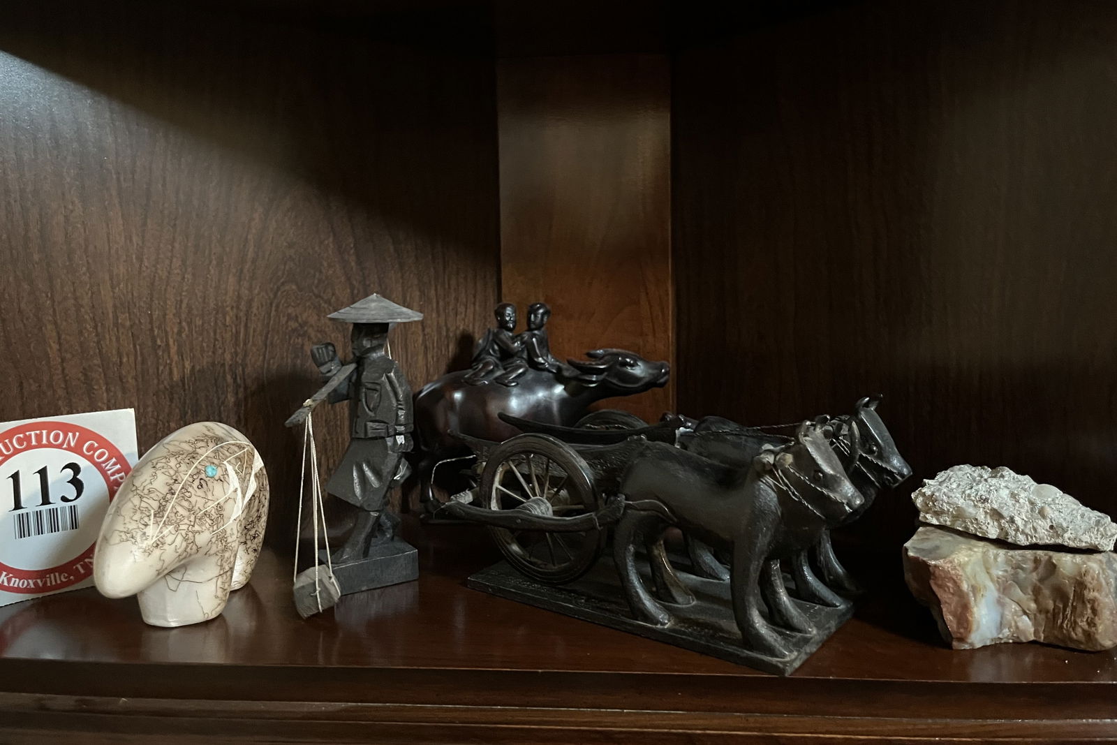 Contents of Shelf, Hand Carved African Blackwood Oxen Calf, Wooden Cart with Oxen, Wooden Figurines, (1 of 1)