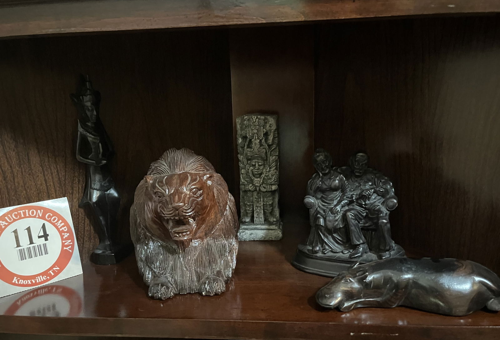 Contents of Shelf, 5 Pieces Carved Wooden Figurines, Lion Head, Hippo, Man & Woman, etc.: Contents of Shelf, 5 Pieces Carved Wooden Figurines, Lion Head, Hippo, Man & Woman, etc.