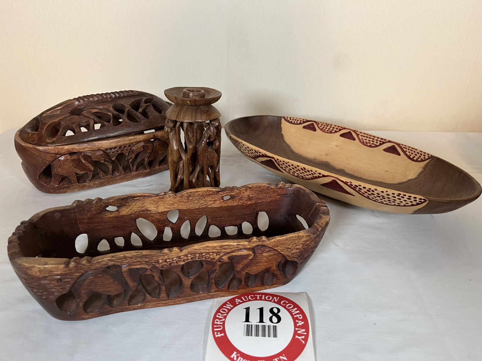 Collection of 3 Carved Wooden Bowls, Oval Shaped and 1 Wooden Candle Holder with Giraffe Motif (1 of 2)