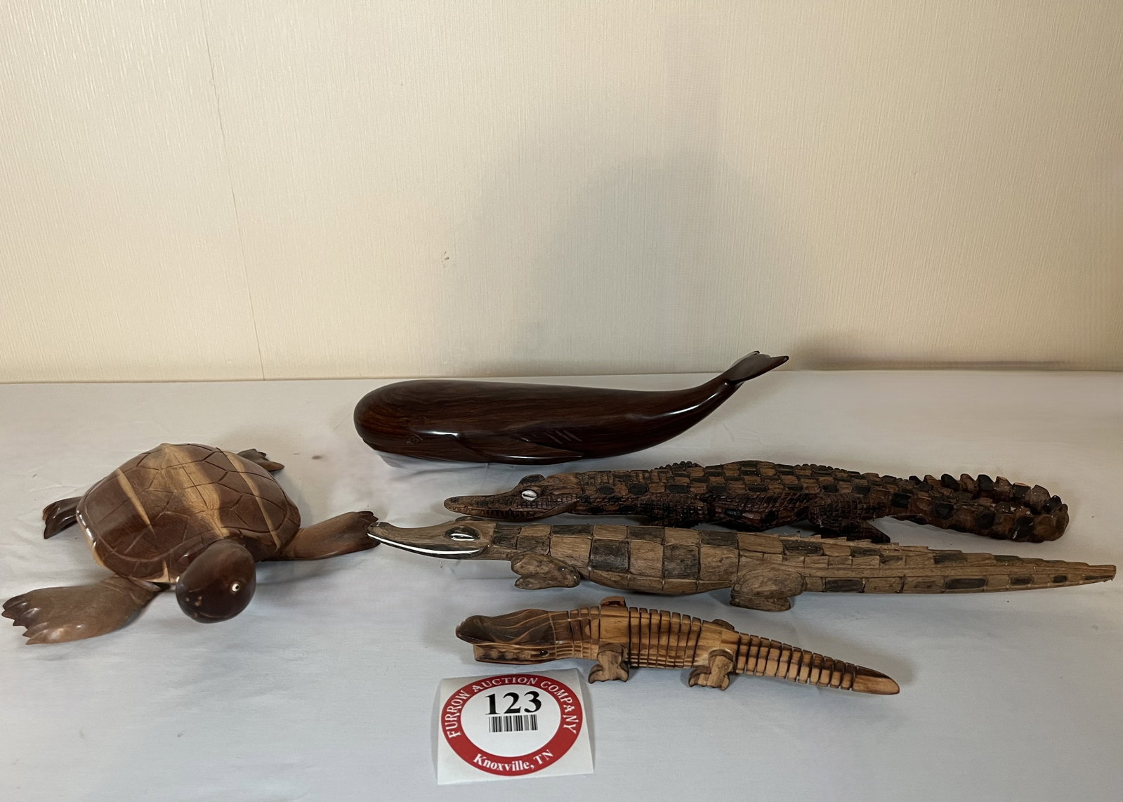 Carved Wooden Whale, Carved Wooden Turtle, 3 Carved Wooden Alligators/Crocodiles: Carved Wooden Whale, Carved Wooden Turtle, 3 Carved Wooden Alligators/Crocodiles