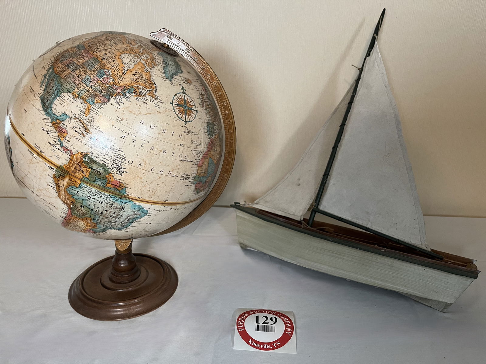 Rotating World Globe on Wooden Stand, 16" T x 12" W & Decorative Wooden Sail Boat (1 of 1)