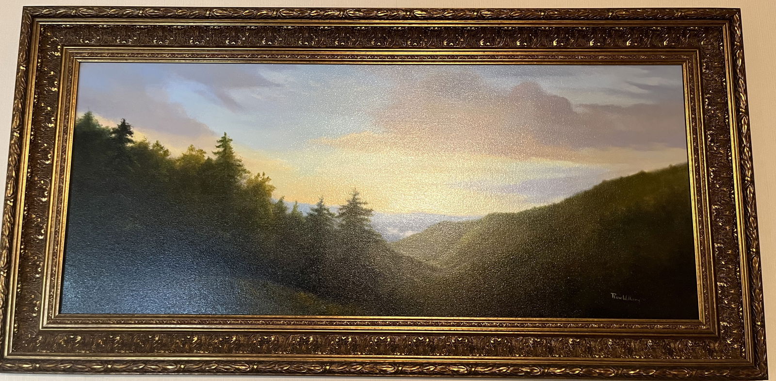 Framed Original Oil on Canvas by Ron Williams, Summer Sunset Colors Mountainscape from Hillside (1 of 2)