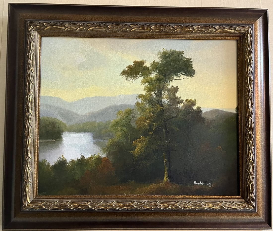 Framed Original Oil on Canvas by Ron Williams, Early Fall Reflections in Still Lake with Mountains (1 of 2)