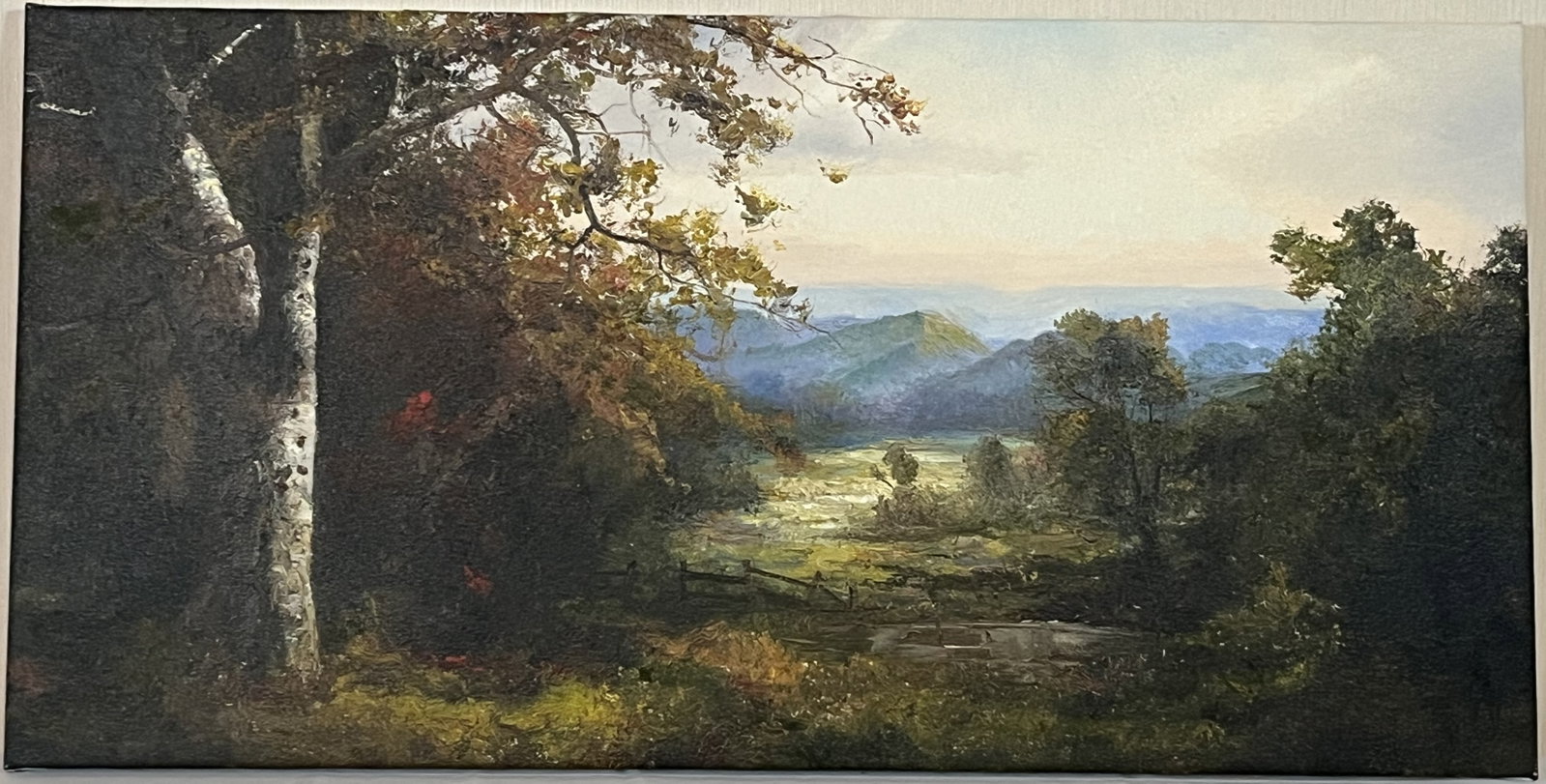 Original Ron Williams Oil on Canvas, Stretched but no Frame, Serene Pond with Pasture & Mountains in: Original Ron Williams Oil on Canvas, Stretched but no Frame, Serene Pond with Pasture & Mountains in Background, 30" x 15"