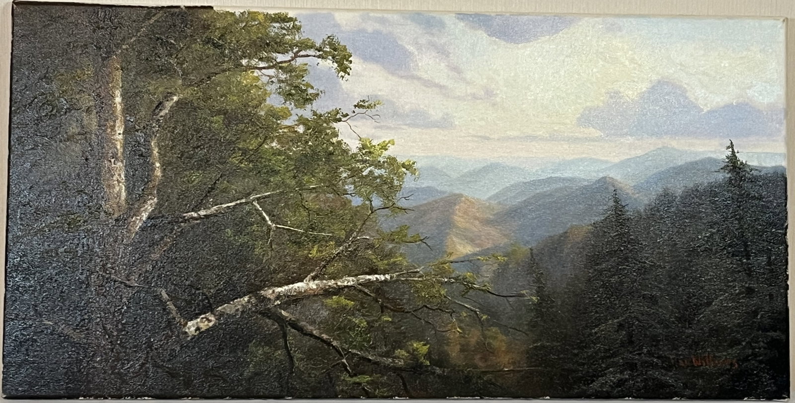 Original Ron Williams Oil on Canvas, Stretched but no Frame, Summer Mountainscape from Hillside: Original Ron Williams (Tennessee, 1947-2016) Oil on Canvas, Stretched but no Frame, Summer Mountainscape from Hillside, Signed in lower right, 30" x 15"