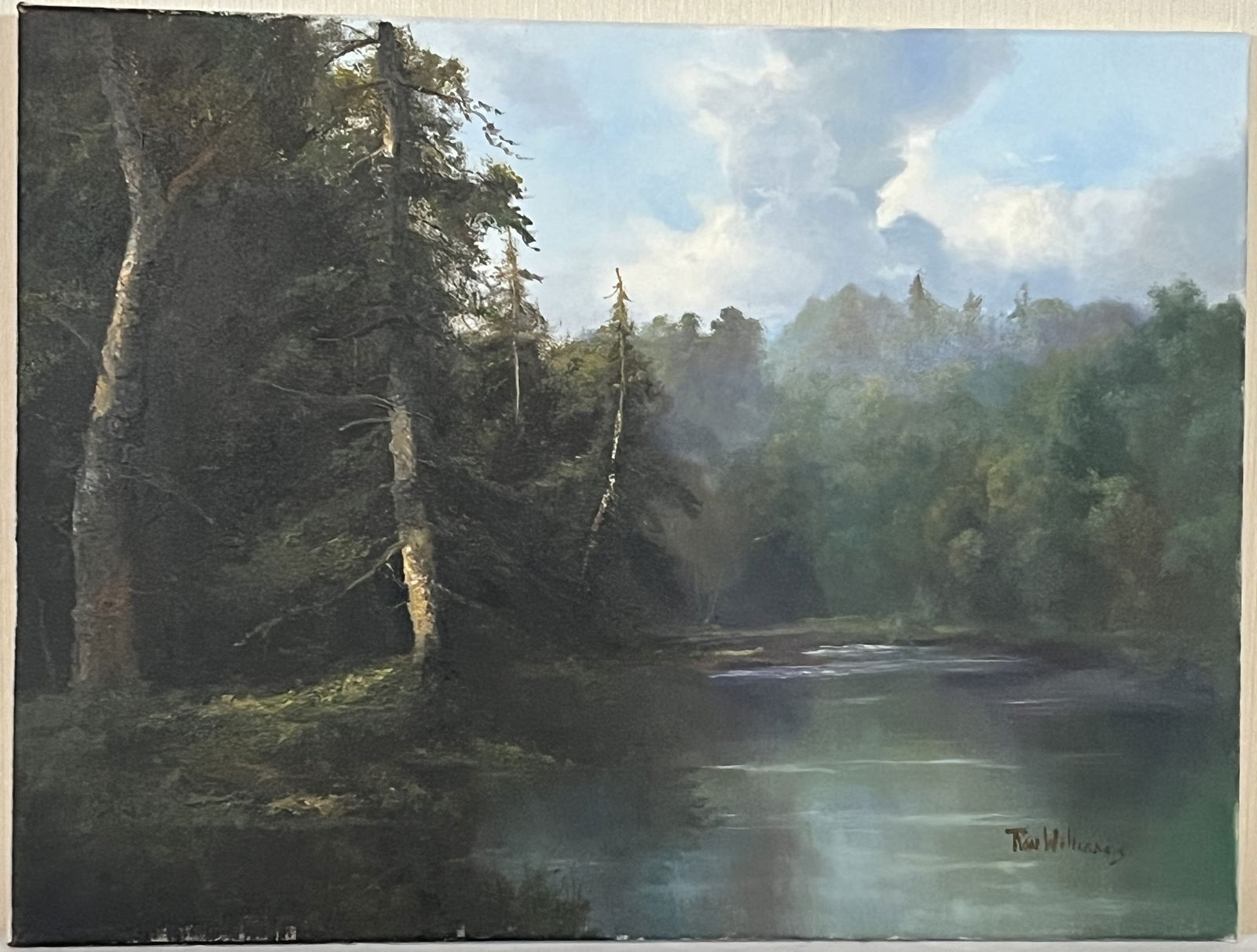 Original Ron Williams Oil on Canvas, Stretched but no Frame, Summer Reflections on Forested Bond (1 of 2)