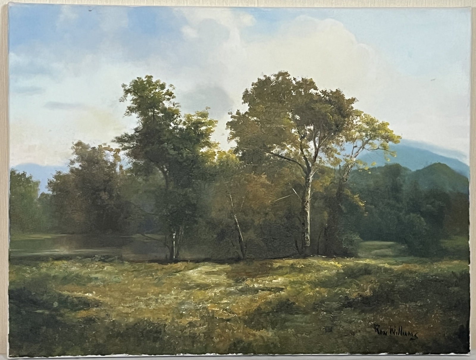 Original Ron Williams Oil on Canvas, Stretched but no Frame, Summer Sunny Forested Field with Still: Original Ron Williams Oil on Canvas, Stretched but no Frame, Summer Sunny Forested Field with Still Pond & Mountains in Distance, 24" x 18"