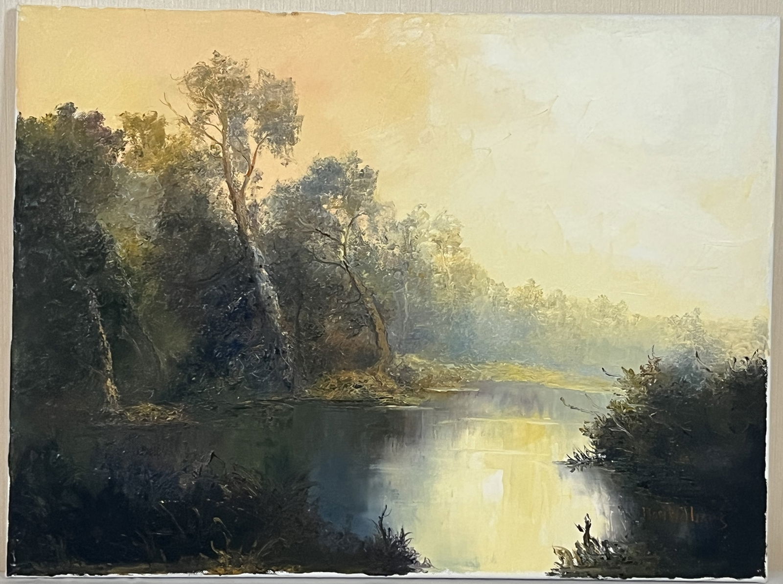 Original Ron Williams Oil on Canvas, Stretched but no Frame, Impressionist Style Golden Summer Pond (1 of 2)