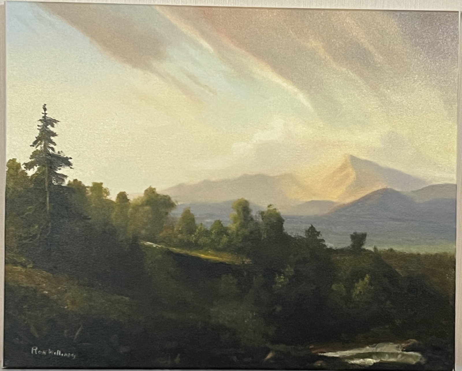 Original Ron Williams Oil on Canvas, Stretched but no Frame, Golden Skies over Hillside Path with: Original Ron Williams Oil on Canvas, Stretched but no Frame, Golden Skies over Hillside Path with Pond & Mountains in Distance, 20" x 16"